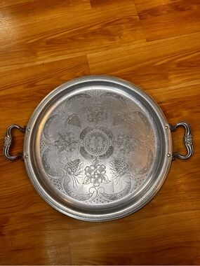 Vintage Silver Round Serving Tray with Handles Tea Drinks Platter 17”